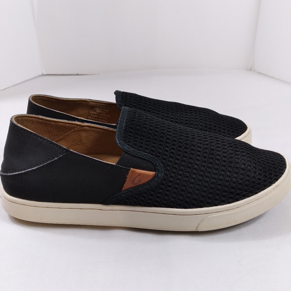 OluKai Pehuea Womens Sz 8.5 Black Mesh Slip-On Loafers Shoes Breathable